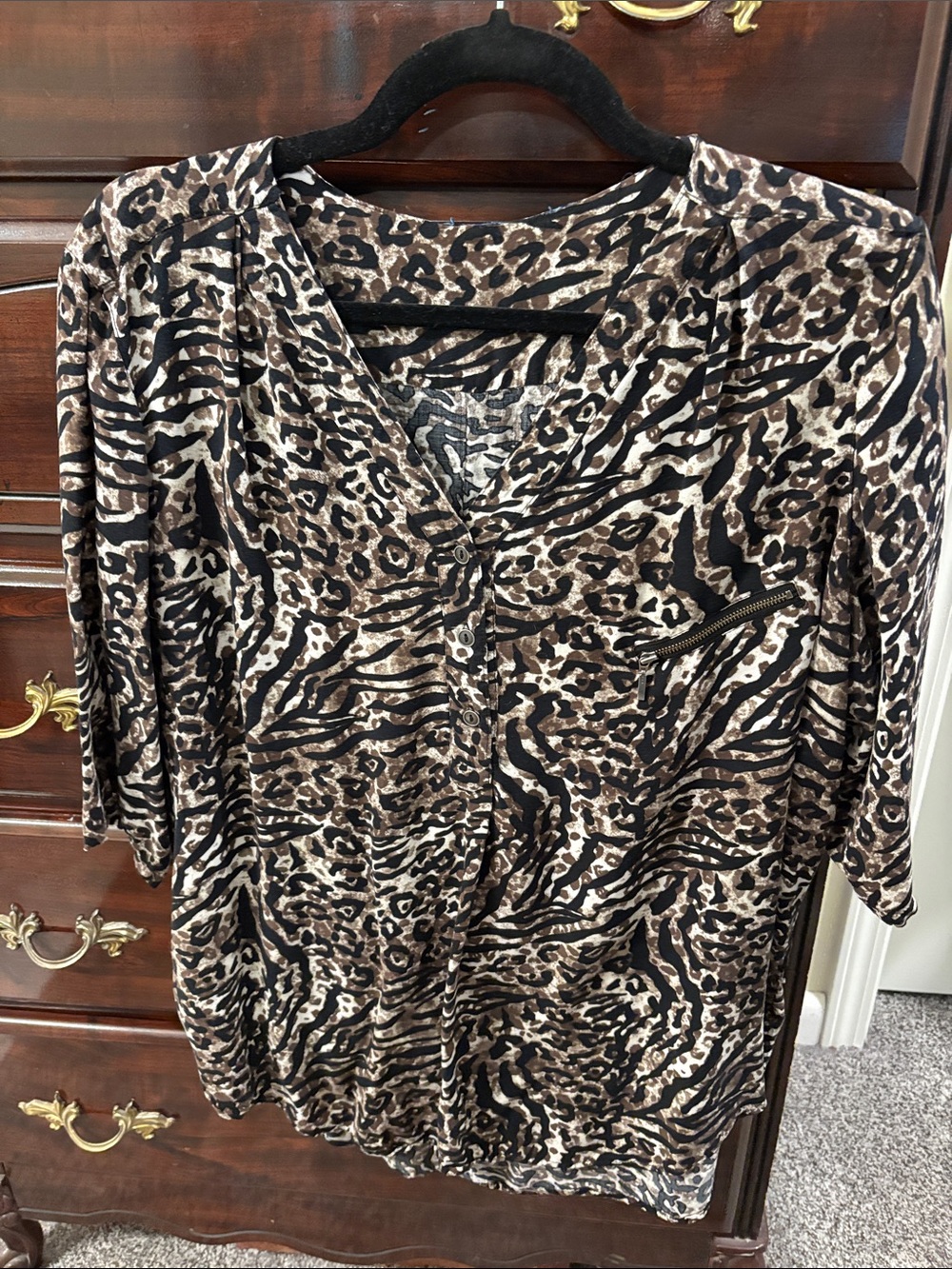 Womens Brown Animal Print V-Neck Blouse